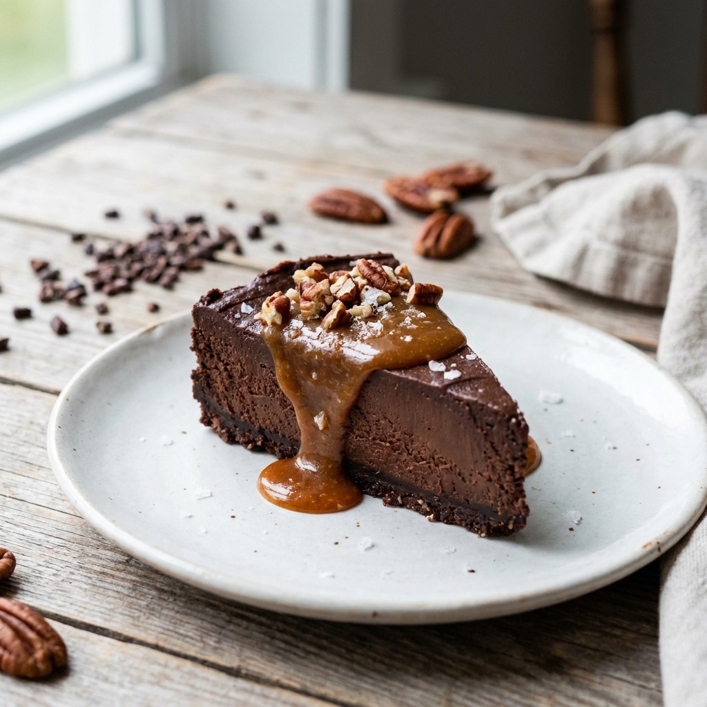 Gâteau chocolat noir cru, caramel épicé et noix de pécan