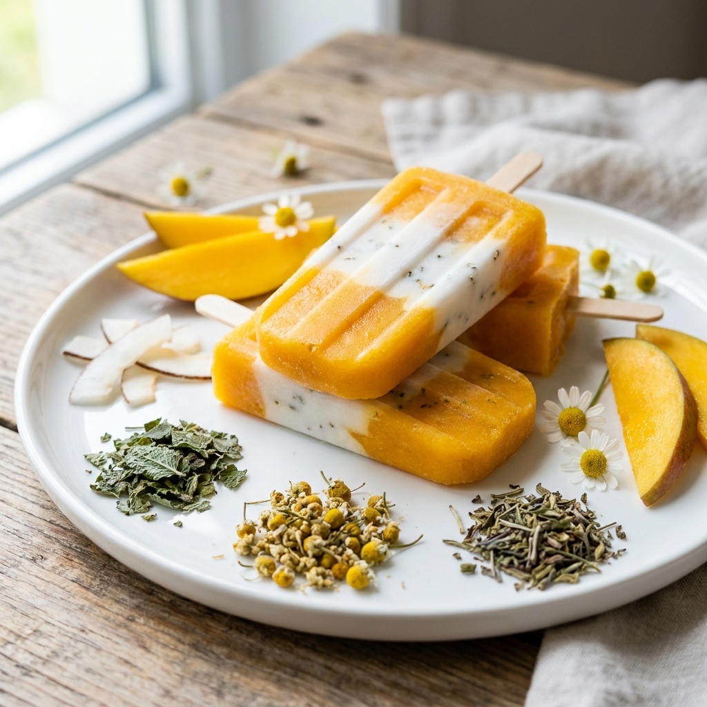 Glaces à l'eau mangue et lait de coco, infusion apaisante
