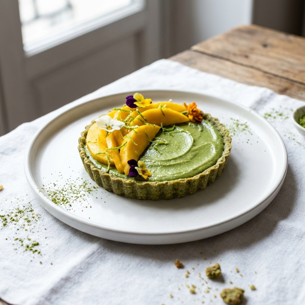 Tarte crue au matcha, citron vert et mangue fraîche