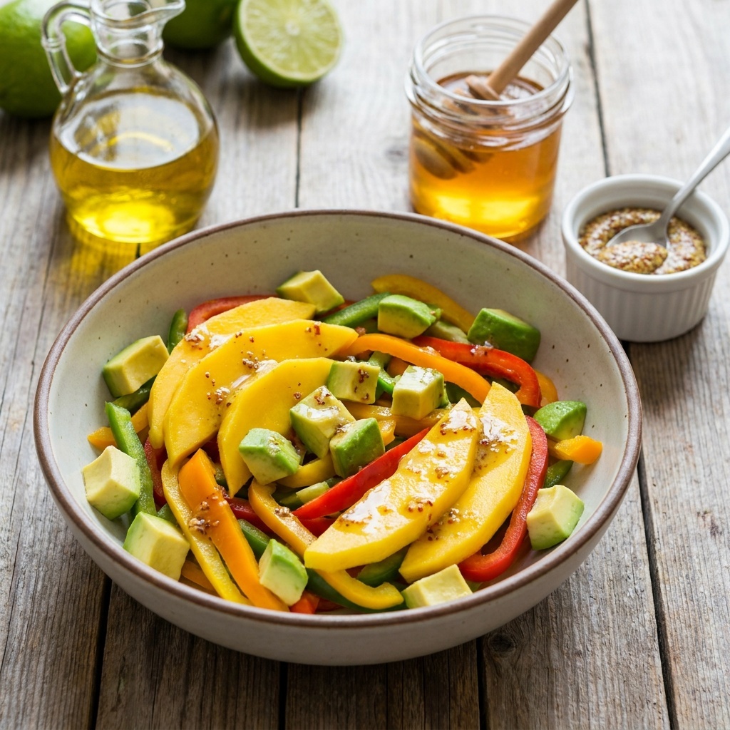 Salat mit Mango, Avocado und Paprika, Honig-Limetten-Dressing