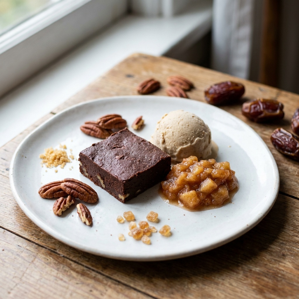 Schoko-Pekan-Brownie, Ahorn-Maca-Eis und würziges Apfelkompott
