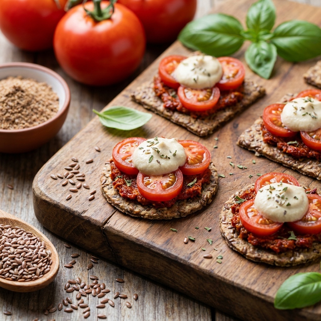 Mini-Pizzahäppchen auf Leinsamen-Crackern