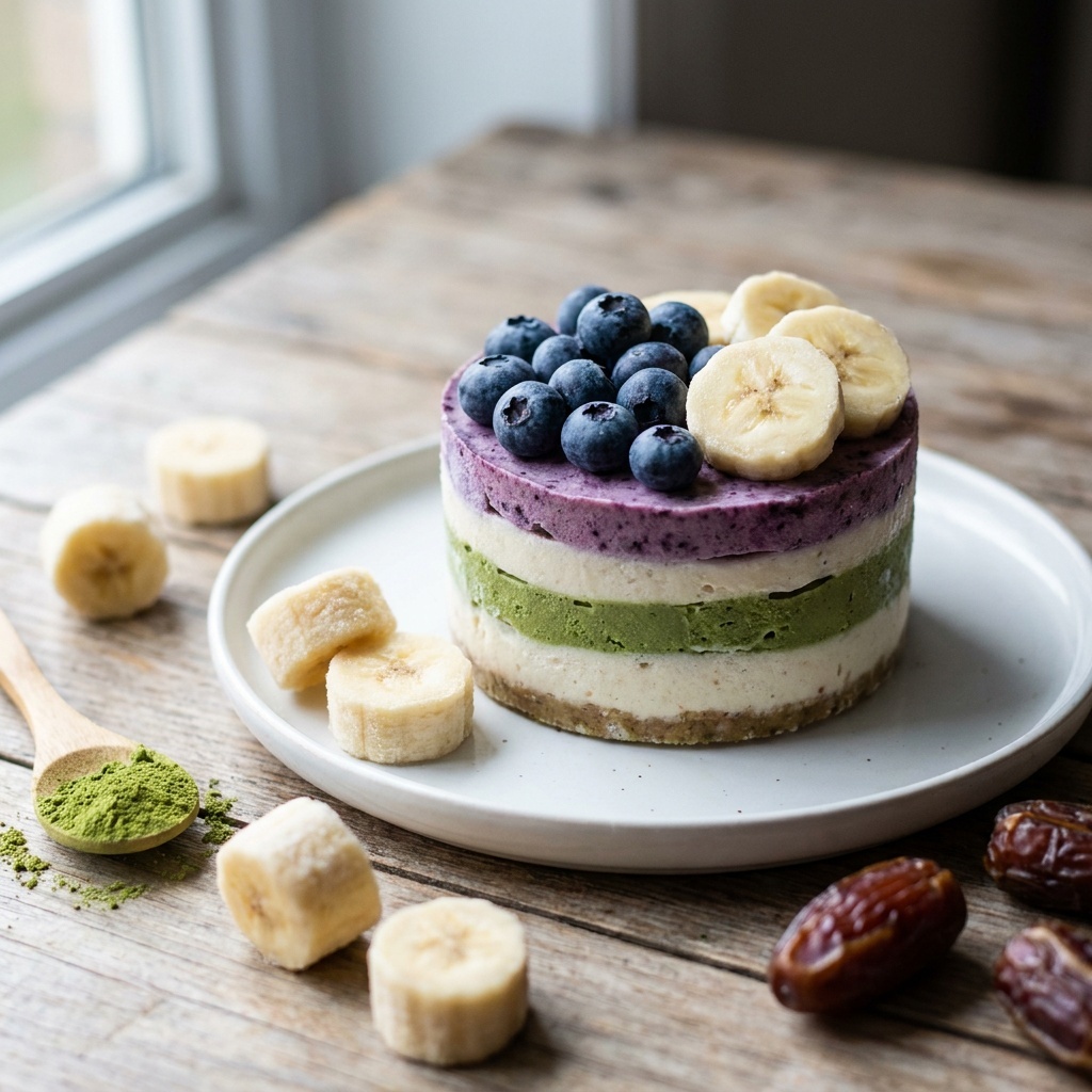 Bananen-Eistorte mit Matcha-, Heidelbeer- und Vanilleschicht
