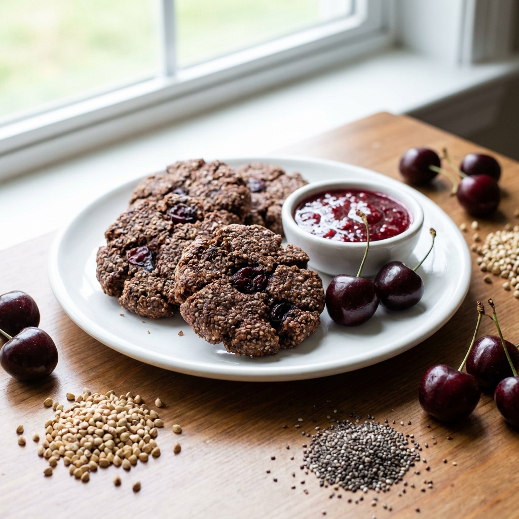 Rohe Schoko-Kirsch-Kekse mit Chia und Himbeer-Rosen-Konfitüre