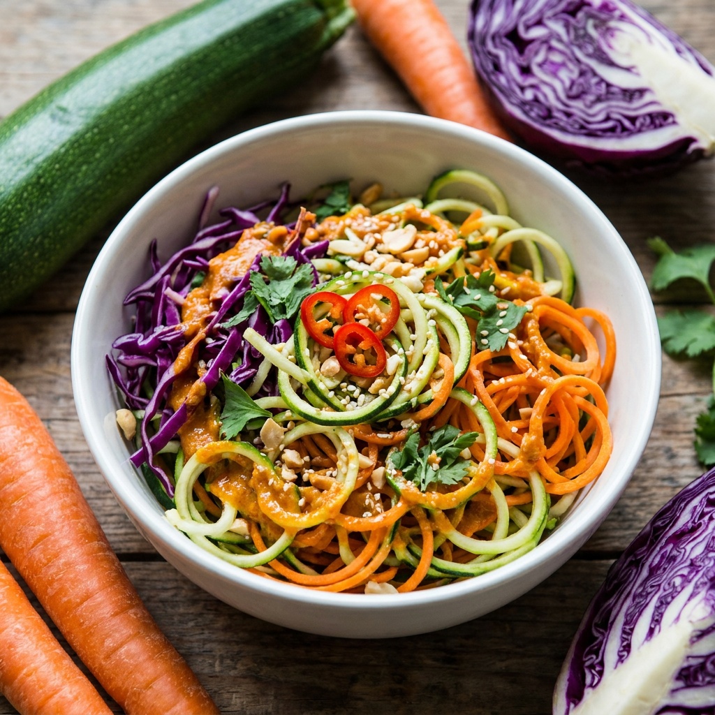 Scharfe rohe Zucchini-Nudelbowl mit Avocado-Ingwer-Sauce