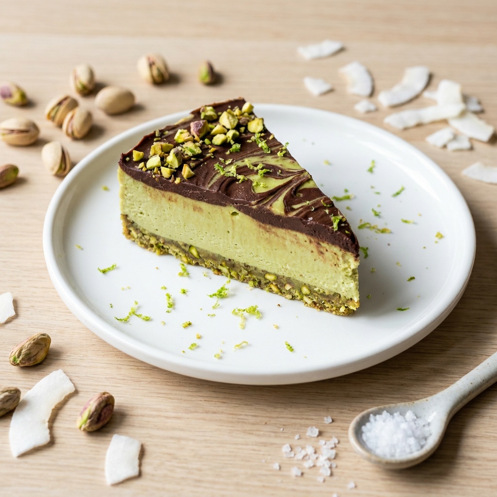 Raw lime, dark chocolate and pistachio cheesecake