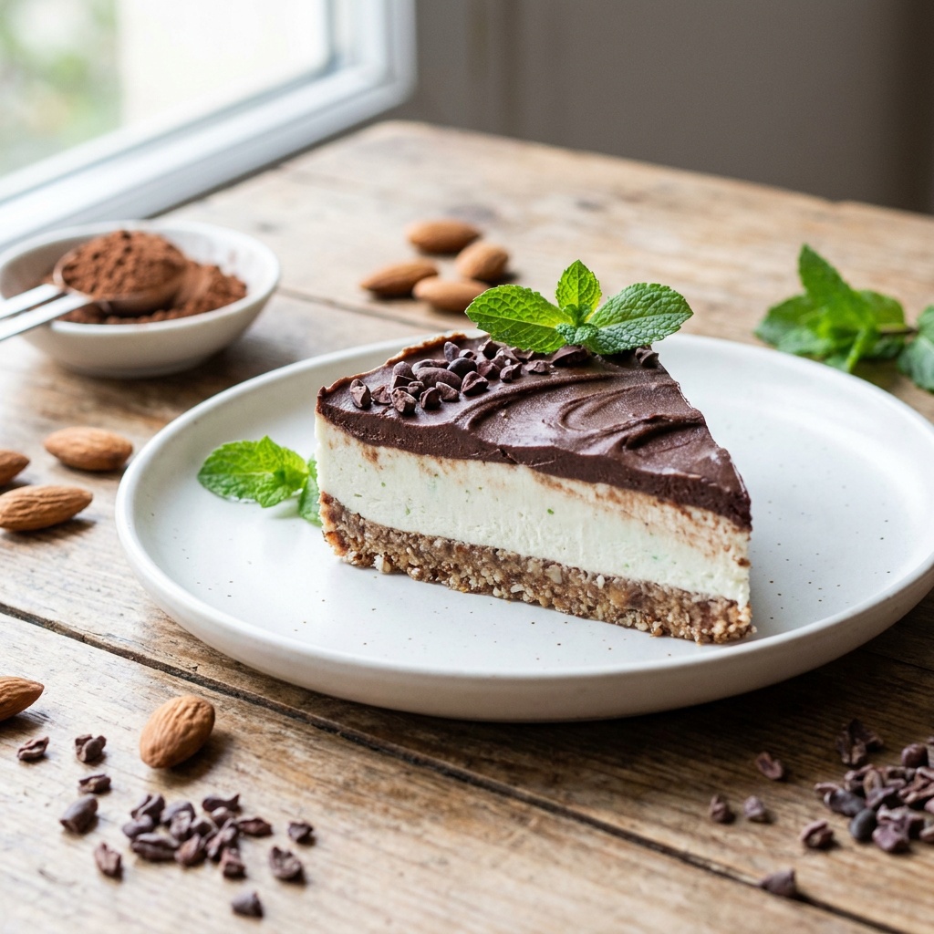 Raw fresh mint and chocolate cheesecake, three layers
