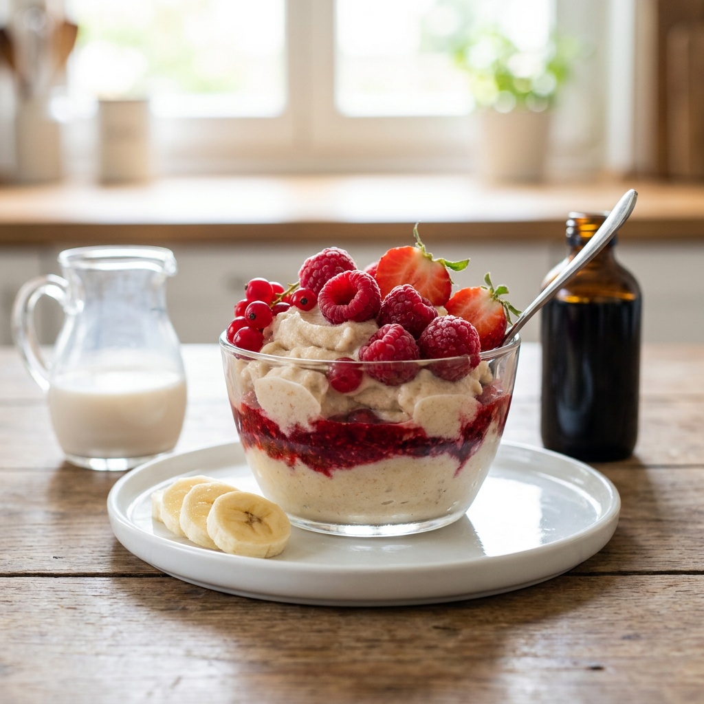 Frühstücks-Parfait mit Bananeneis und roten Beeren