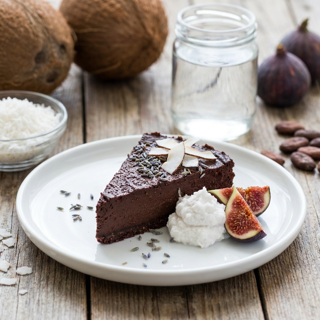 Roher Schokoladen-Lavendel-Kuchen mit Kokossahne und Feigen