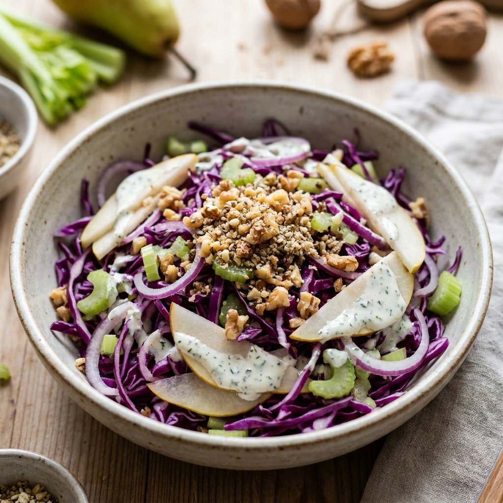 Salade de chou et de poire, crumble de noix et sauce crémeuse à la française