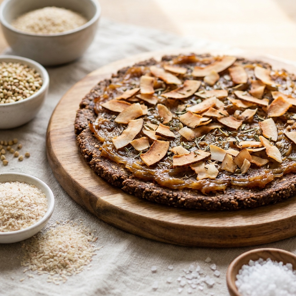 Pizza crue à l'oignon caramélisé et bacon de coco