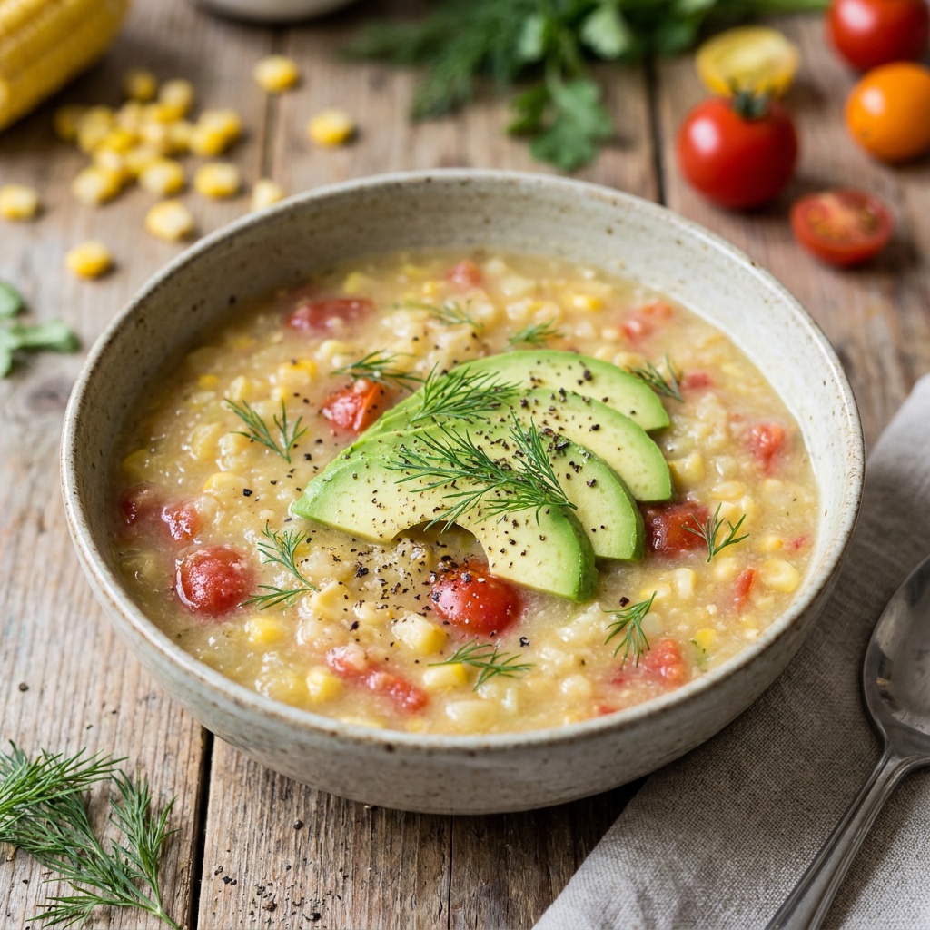 Sopa cruda de tomate, maíz dulce y aguacate con eneldo