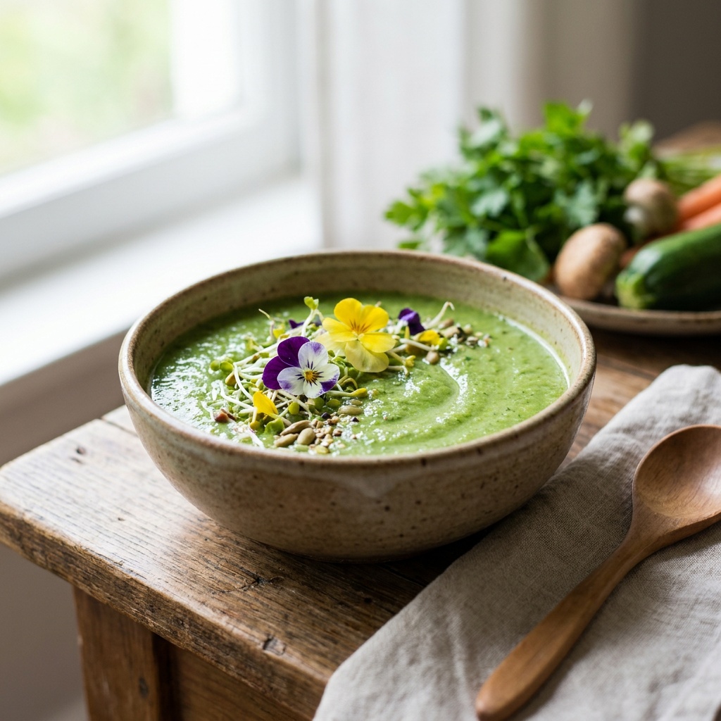 Sopa verde cruda de aguacate y pepino