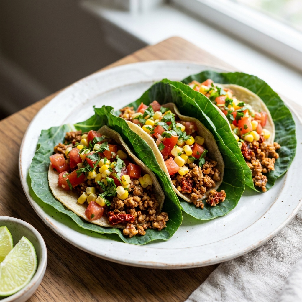 Tacos crudos con salsa de maíz y tomate y picadillo de nueces