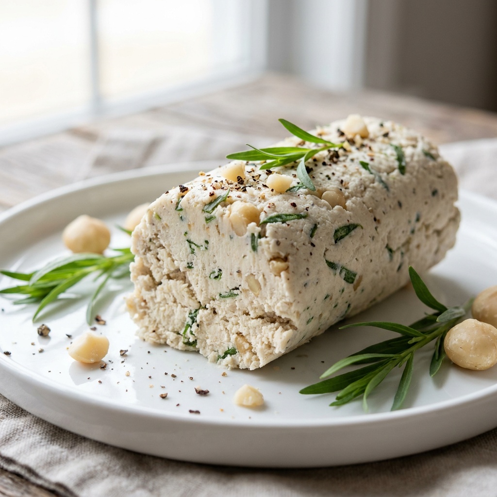 Falso queso de macadamia fermentado, rebozado en estragón