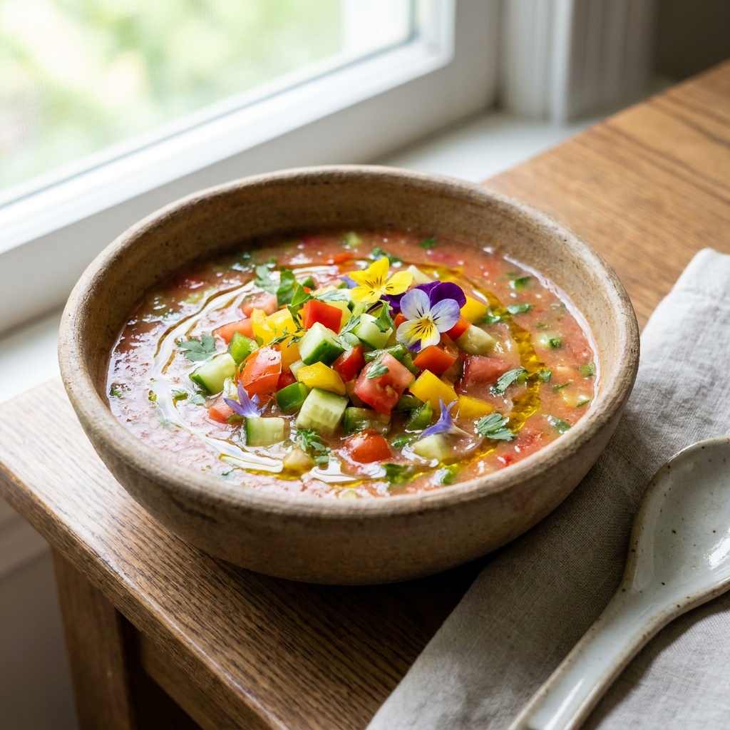 Sopa cruda de verduras de verano con maíz y tomates cherry