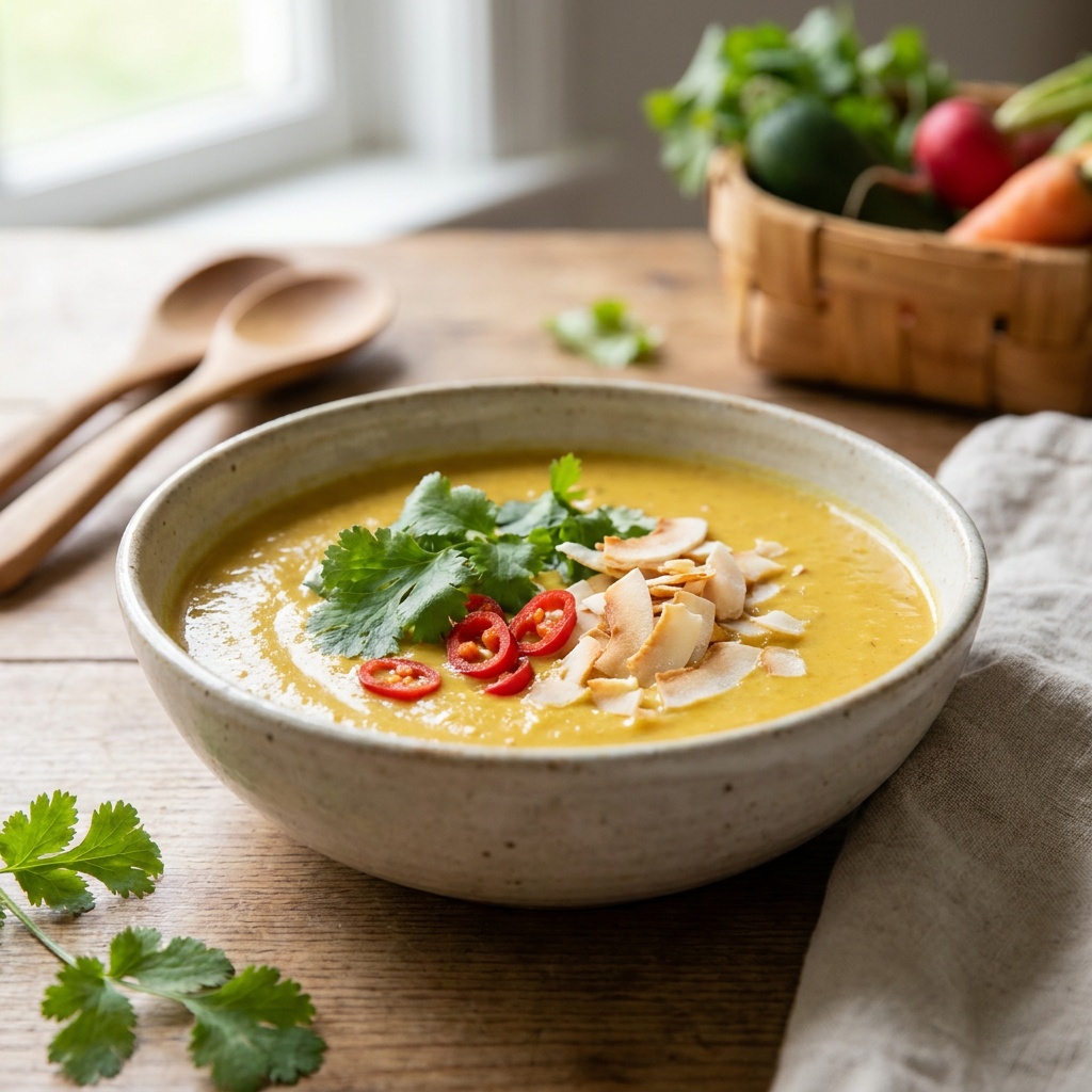 Sopa cruda de coco y curry con fideos de pepino
