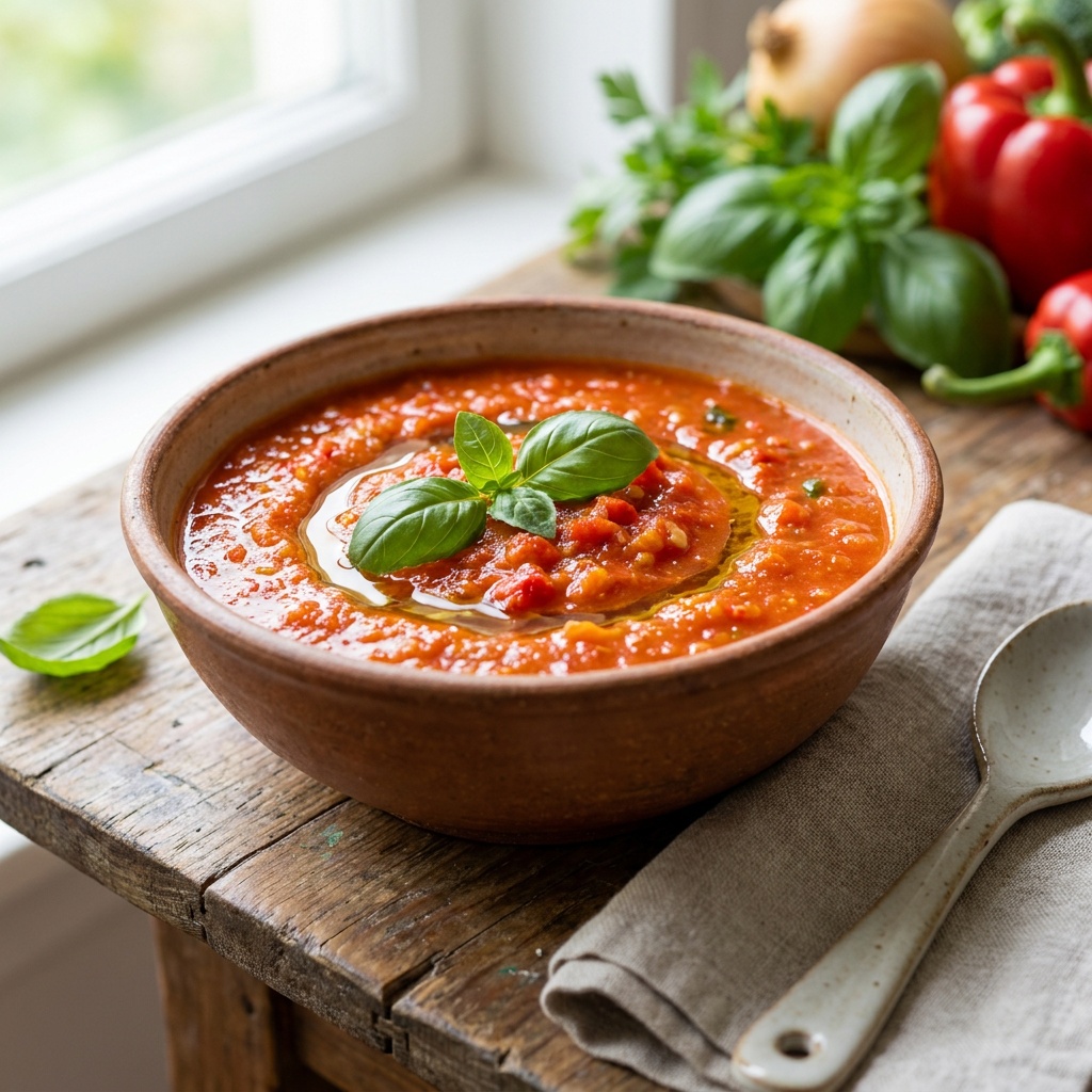 Sopa cruda de pimiento rojo, una ración en la batidora