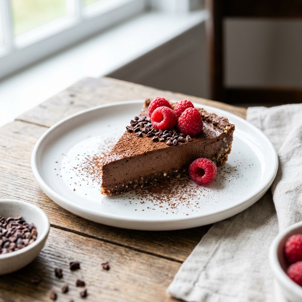 Tarta cruda de mousse de chocolate sobre base de nueces y ciruelas