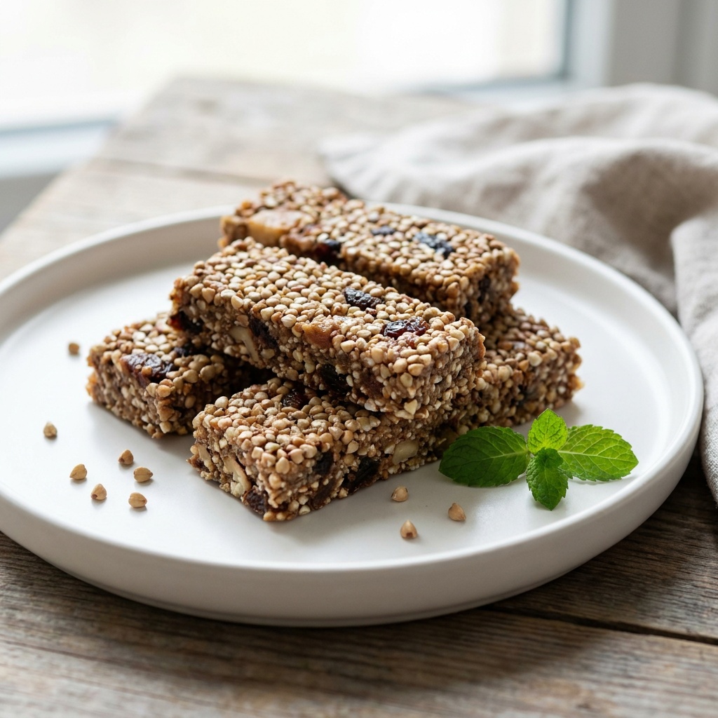 Barritas crudas de trigo sarraceno germinado, dátiles y cacao