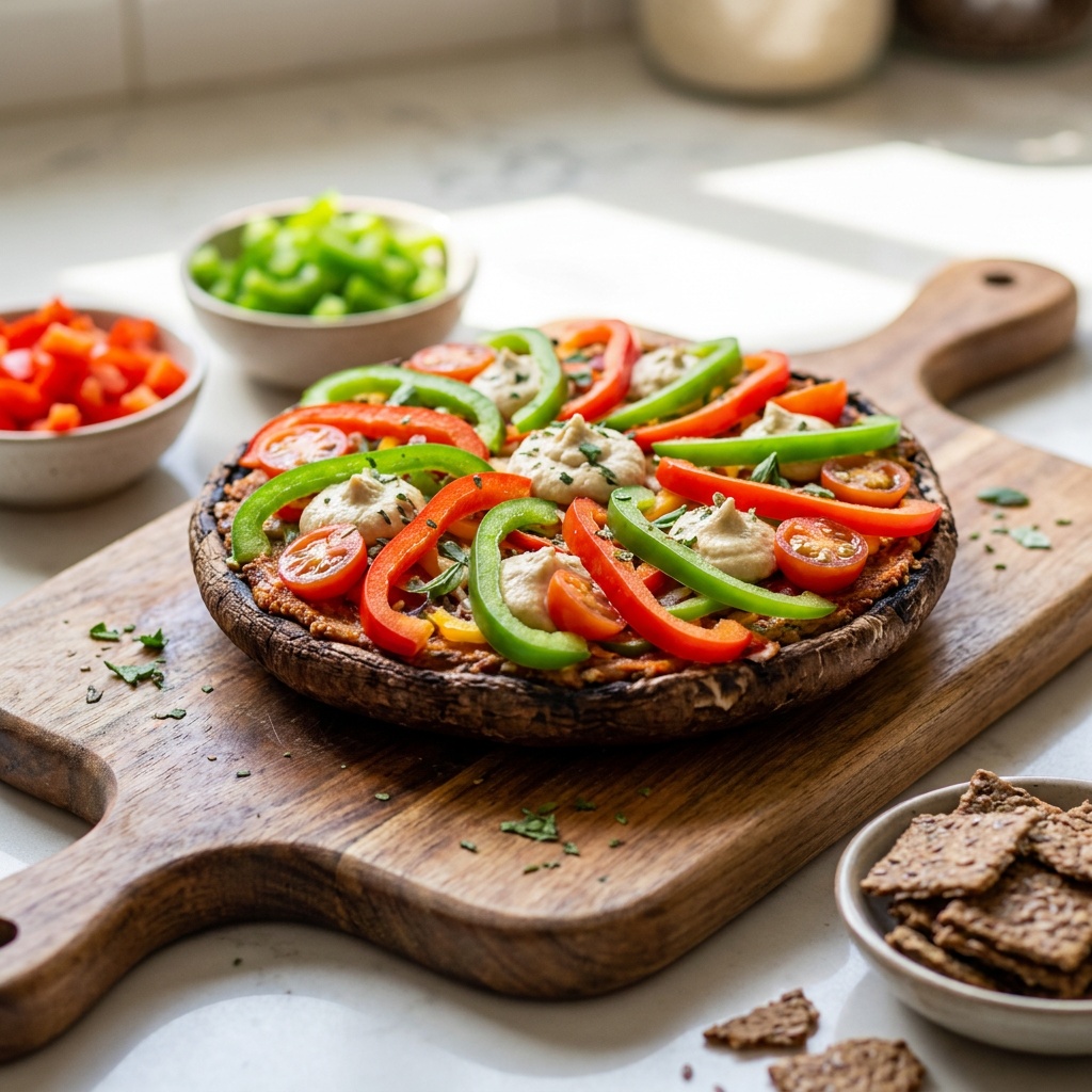 Pizza cruda sobre sombrero de portobello con cheddar de nueces al chipotle