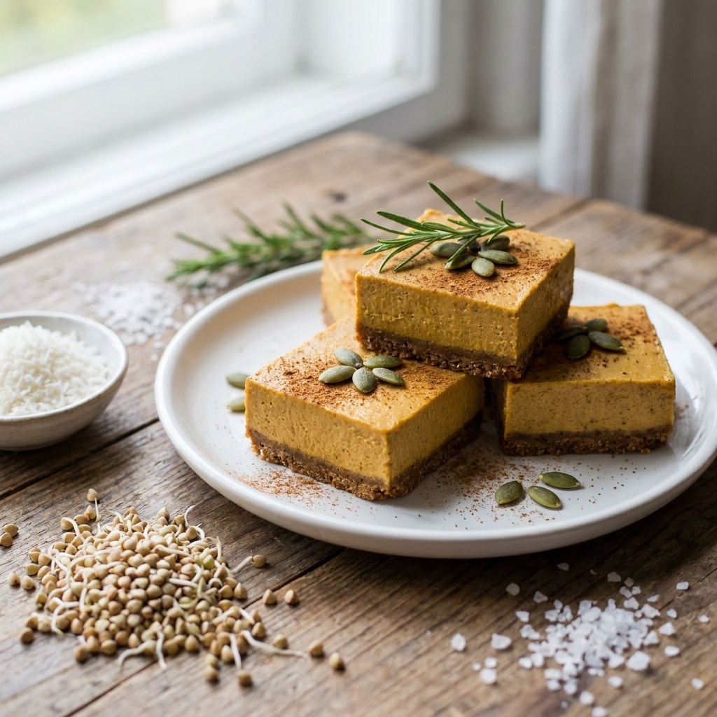 Barritas de cheesecake crudo de calabaza con base de pan de especias
