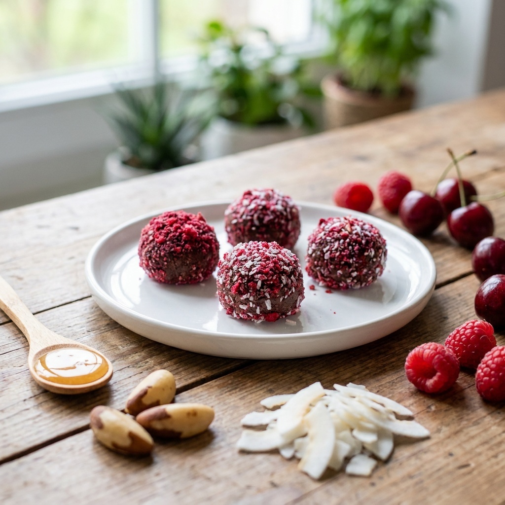 Bocaditos cremosos de frutos rojos sobre base de cacao y cereza