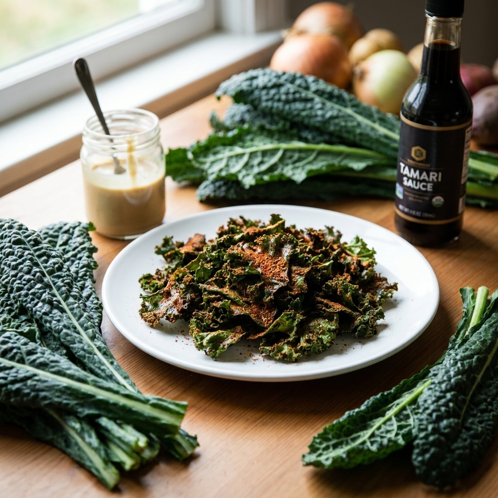 Chips de col kale estilo barbacoa con tahini