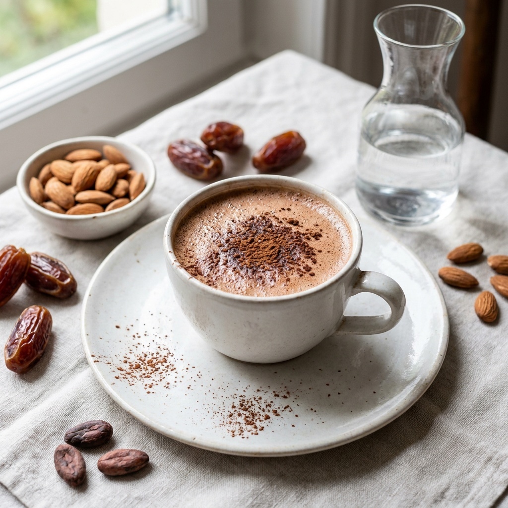 Leche de cacao tibia con almendras y dátiles
