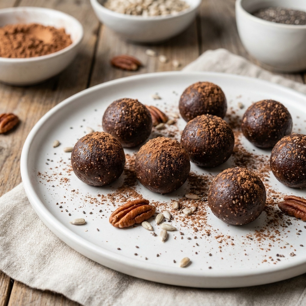 Rauwe hapjes met cacao, pecannoten en maca