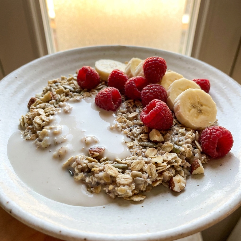 Bircher muesli de la víspera con frambuesas y nibs de cacao