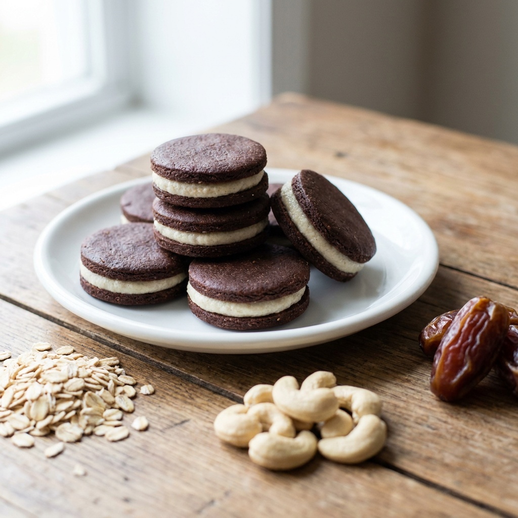 Galletas rellenas crudas de cacao con crema de anacardo