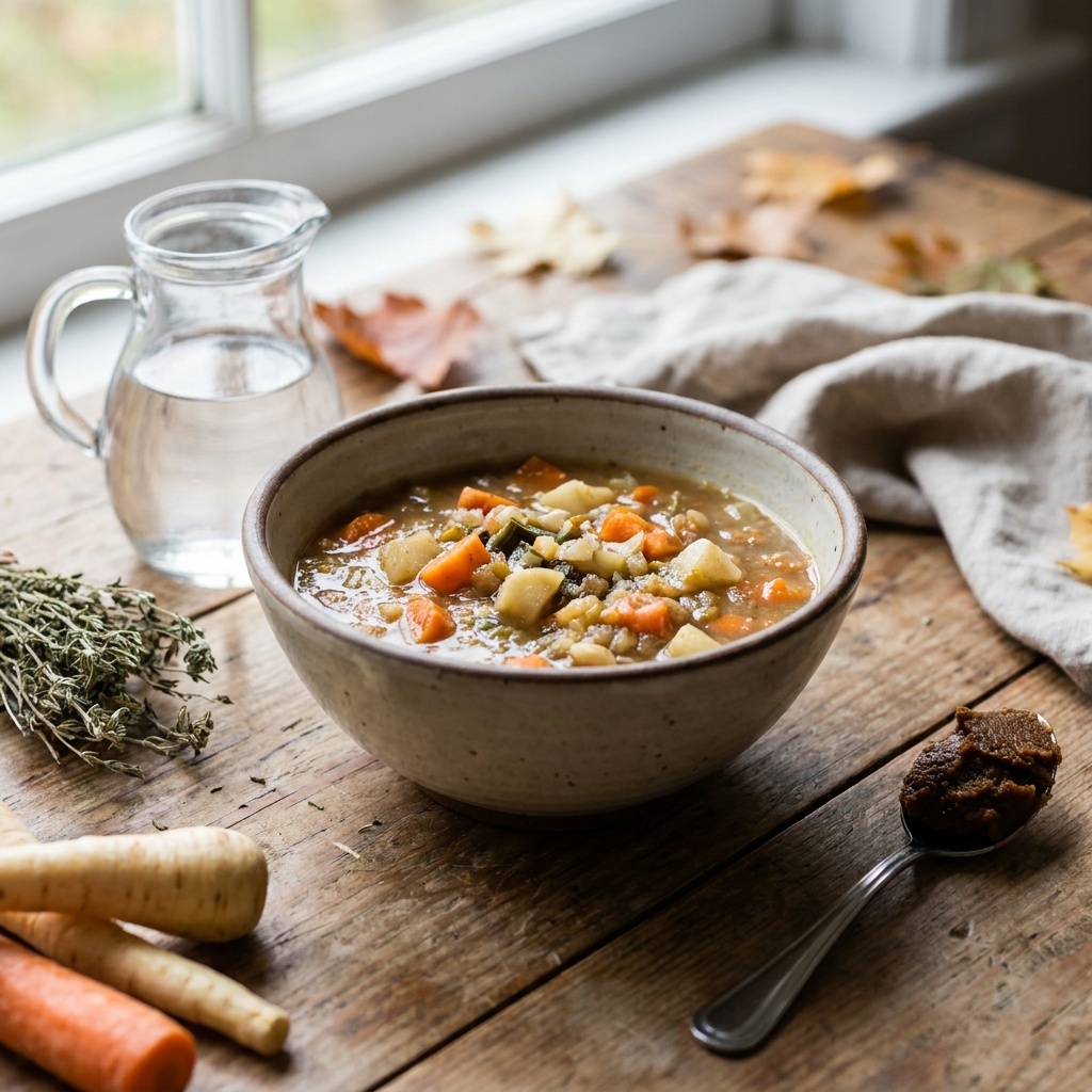Rauwe herfstsoep met miso, spirulina en avocado