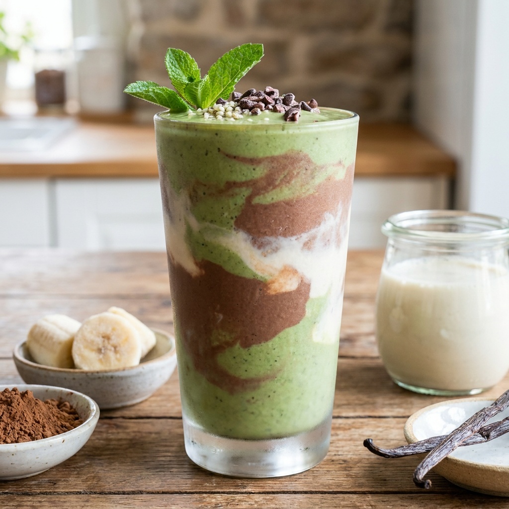 Batido crudo de menta, chocolate y vainilla con leche de cáñamo