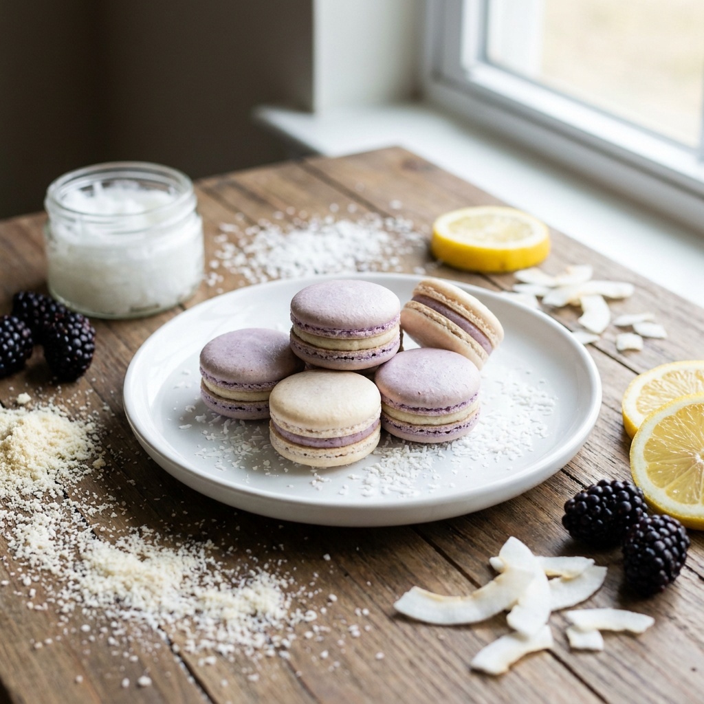 Macarons crus de coco com amoras e limão