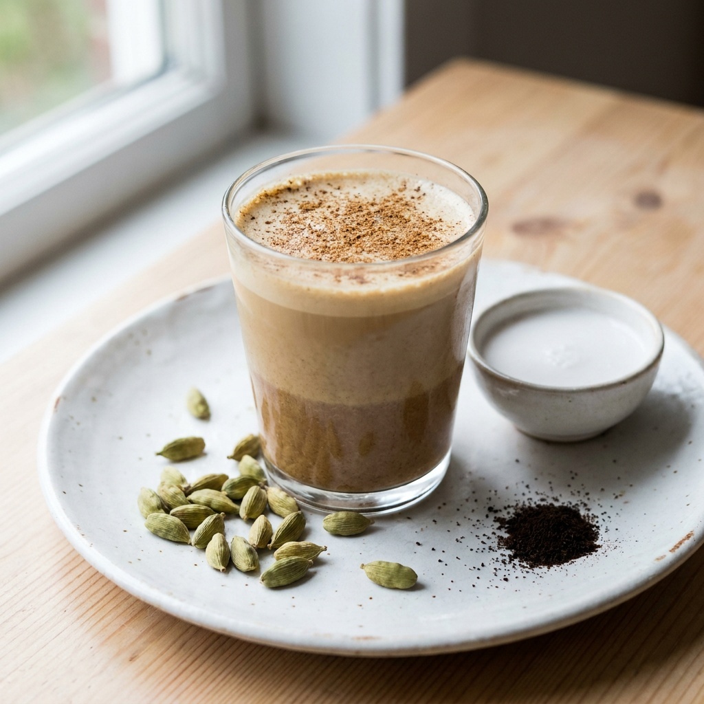 Latte gelado com leite de coco, cardamomo e baunilha