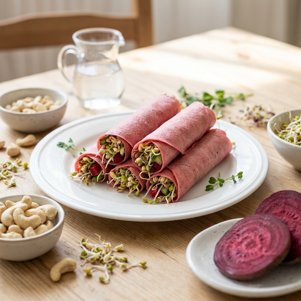 Involtini di nori con germogli e salsa rosa di anacardi e barbabietola