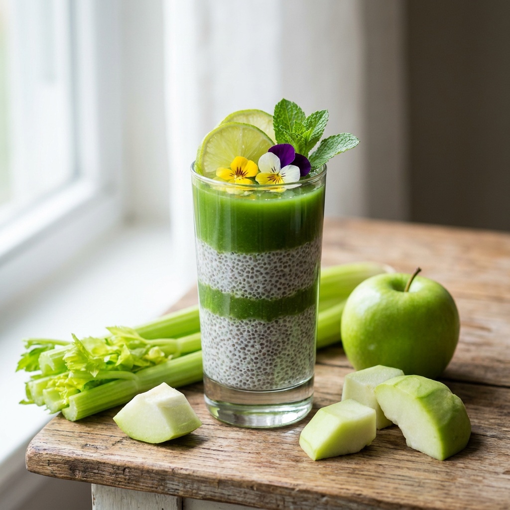 Budino di chia al succo verde con sedano, mela e cavolo riccio
