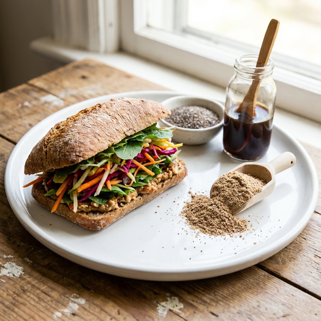 Sandwich crudo con pane alla polpa di verdure e chia