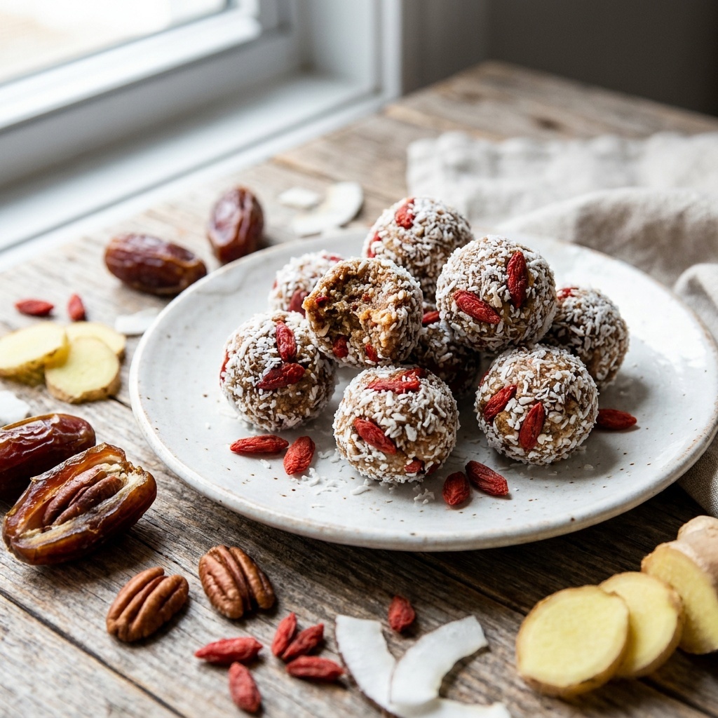 Bocconcini crudi goji, zenzero e noci pecan