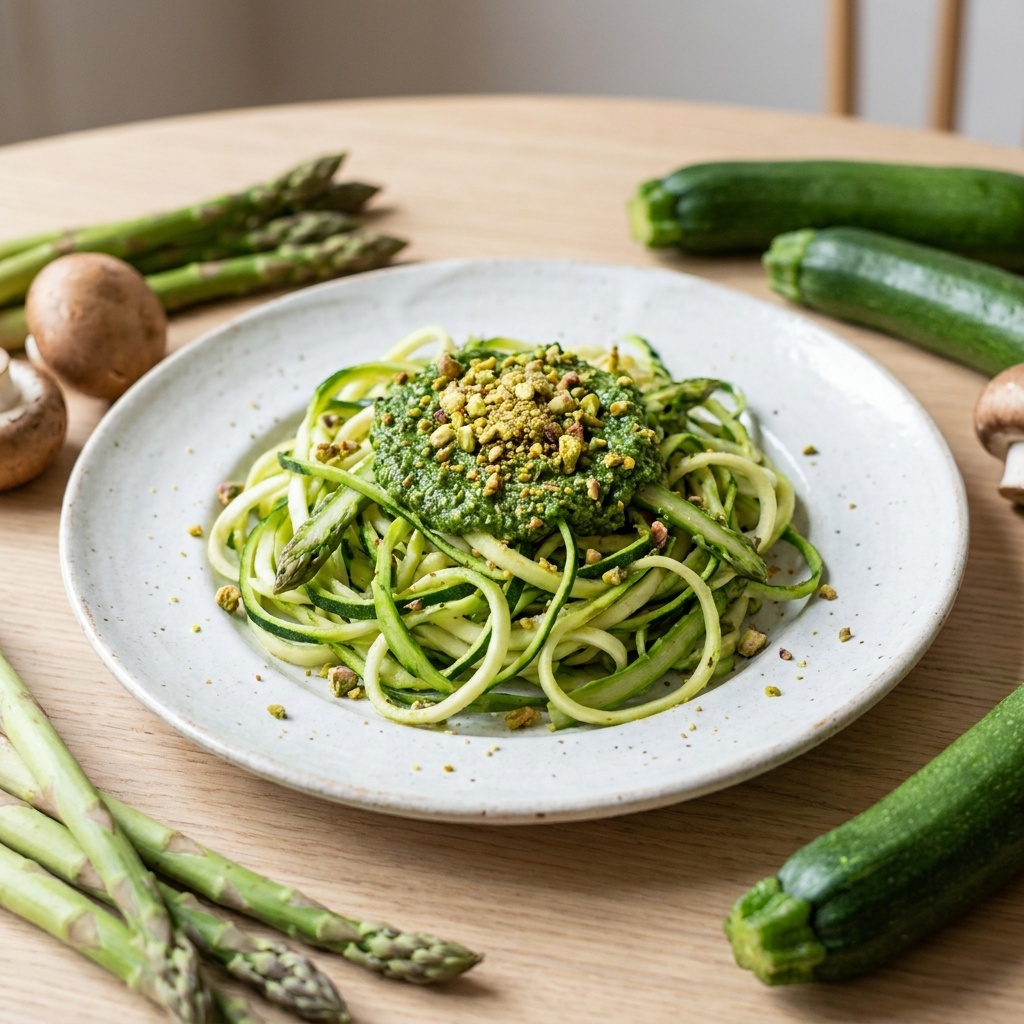Surowe spaghetti z cukinii z pesto miętowym i kruszonką pistacjową