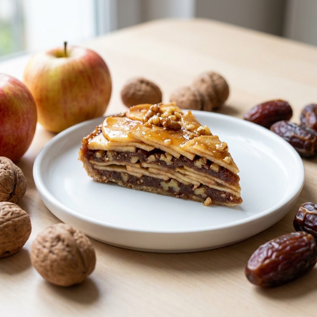 Baklava cru aux chips de pomme, noix et dattes