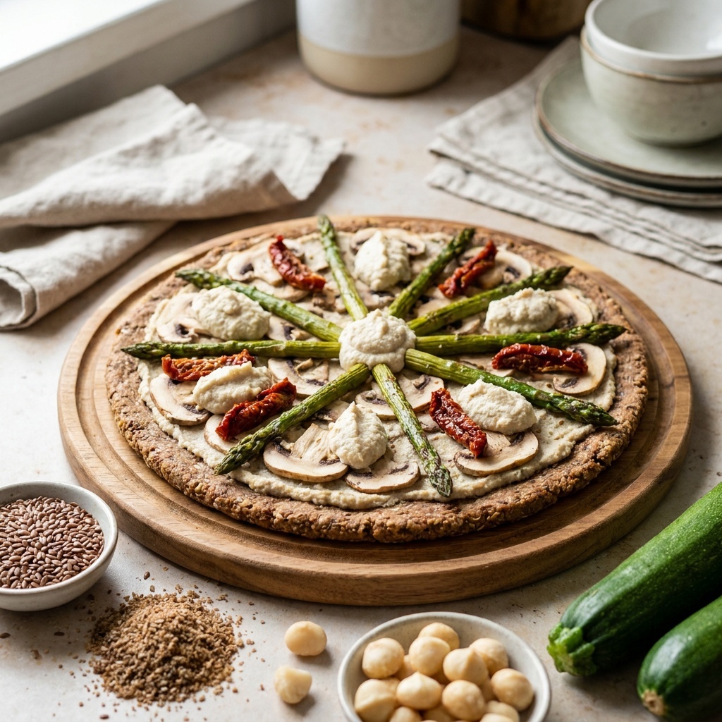 Surowa pizza z cukinii z ricottą z makadamii i warzywami jak pieczone