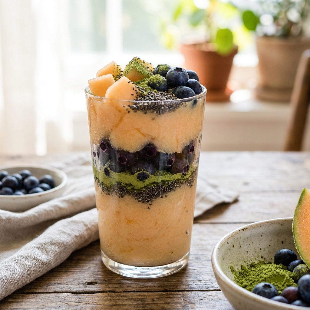 Smoothie z melonem, borówkami, trawą jęczmienną i nasionami chia