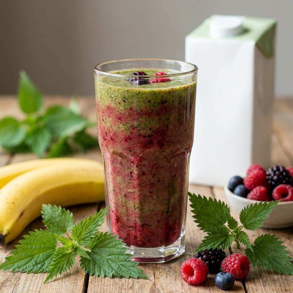 Smoothie ze świeżą pokrzywą i czerwonymi owocami