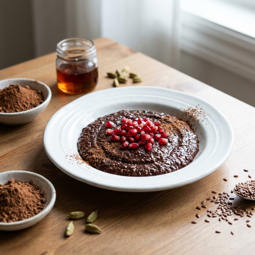 Surowy pudding czekoladowy z siemieniem lnianym i granatem