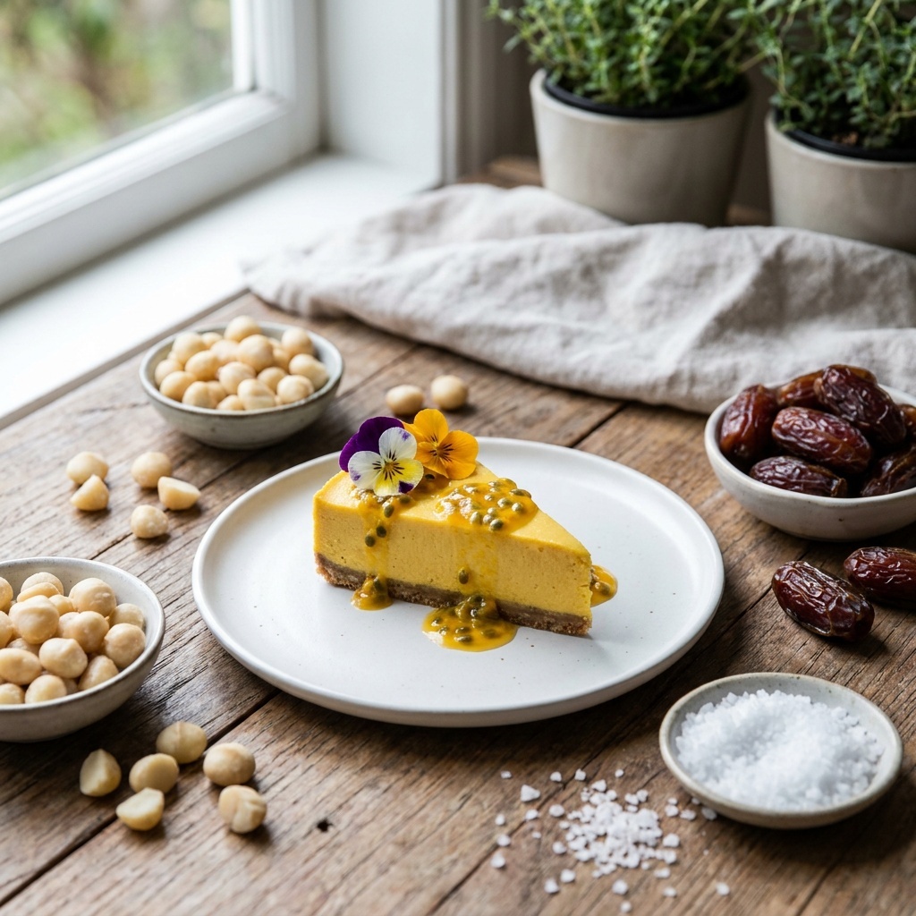 Cheesecake cru mangue et fruit de la passion, base macadamia