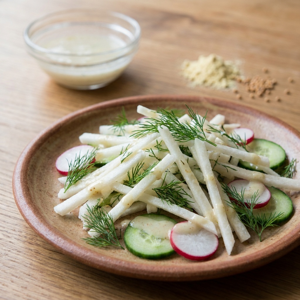 Salade de jicama croquante, sauce crémeuse cajou-aneth