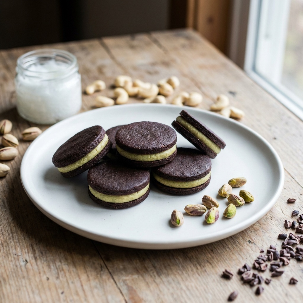 Raw cacao cookies filled with pistachio cream