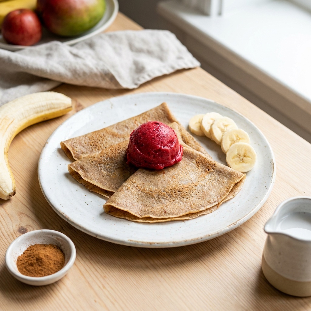 Raw banana and cinnamon crepes with berry ice cream and mango